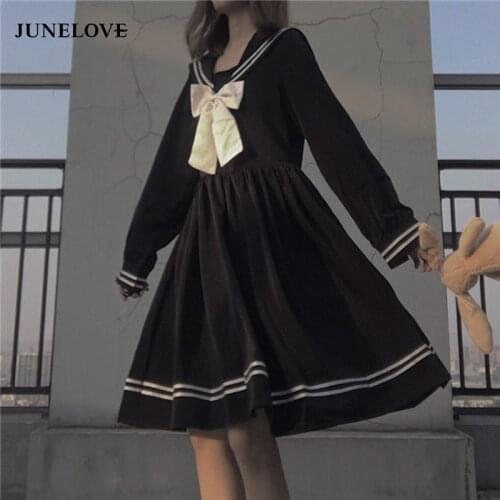 JuneLove Kawaii Sweet Bowknot Robes Long-Sleeve Black Knee-Length Navy JK Dress Preppy Party Women Dress Japanese Lolita Dress