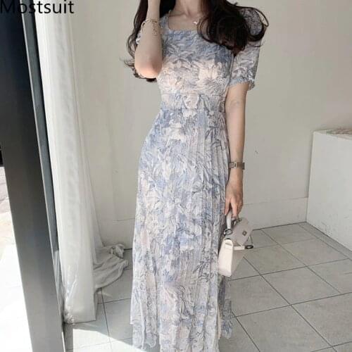 2020 Summer Water-color Printed Korean Chiffon Long Dress Women Short Sleeve Square Collar Belted Pleated Elegant Dresses Femme