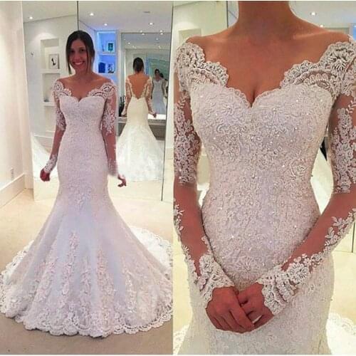 White Lace Appliques Crystals Beaded Fish BrIdal Gown Robe De Marriage Birde Cheap Backless V Neck Mermaid Wedding Dress 2021