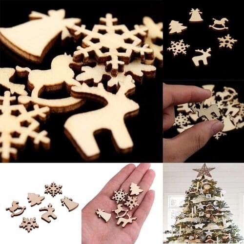 100PCS Christmas Wooden Chip Tree Snow Flakes Star Shape Natural Wooden Chip DIY Christmas Tree Hanging Ornaments Pendant Decor