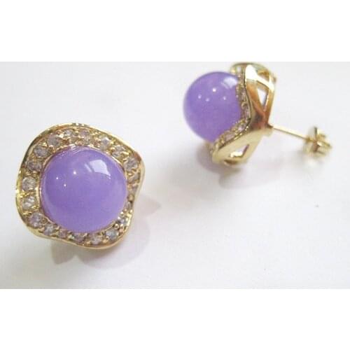 2 colors wholesale fashion jewelry pretty 8mm purple/pink round Natural jade & crystal 18kgp earring #002