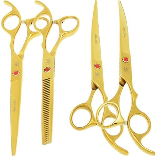 7.0" Top Grade Japan 440C Pet Grooming Scissors Golden Animal Curved Straight Cutting Shears Dog Hair Thinning Tijeras B0014A