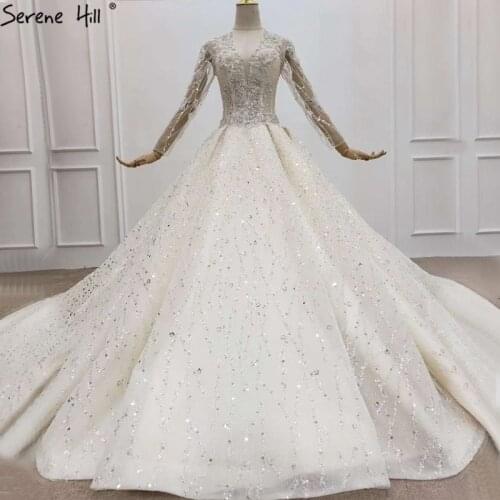 Ivory V-Neck Long Sleeve Dubai Wedding Dresses 2020 Luxury Sequins Beading Sparkle Bridal Dress HX0169 Custom Made