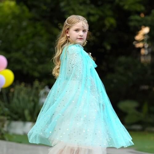 Girl Princess Party Costume Drawstring Sequin Tulle Cape Cloak Halloween Dress Up Mantle for Princess Elsa Jasmine Sofia Cyan