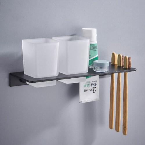 Silver Double Toothbrush Holder With Tooth Holder Aluminum Black Tumbler & Cup Holder Wall Mounted Bath Product Toothpaste Rack