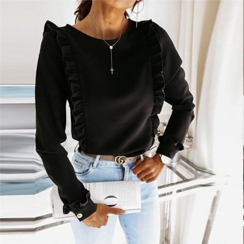 Elegant Solid Color Ruffles Blouse Women Autumn Fashion O Neck Pullover Tops 2021 New Casual Ladies Loose Long Sleeve OL Shirts
