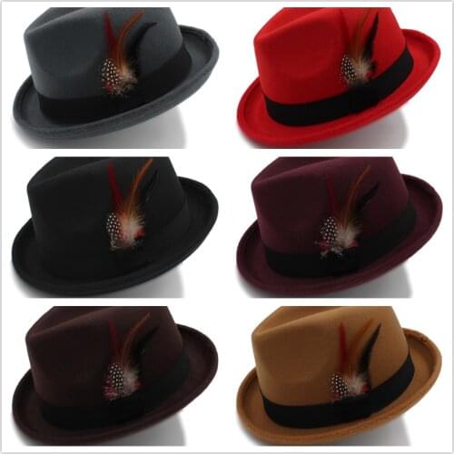 Mens Feminino Felt Fedora Hat for Dad Winter Autumn Wool Church Roll Up Brim Homburg Jazz Hat Feather Hat