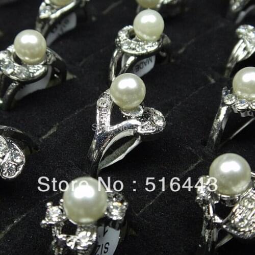Hot Sale Free Shipping 30pcs Mix Style Pearl Czech Rhinestones Fashion Women Rings Wholesale Jewelry Lots