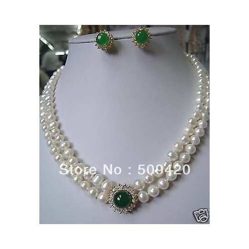 Good>>>Noblest Genuine Pearl necklace green jade earring set