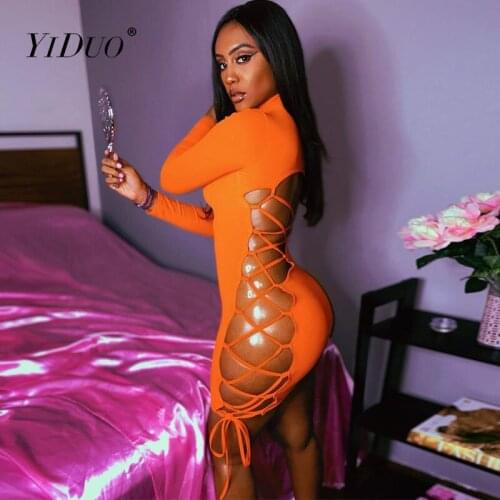 YiDuo Clubwear 2020 Long Sleeve O-Neck Solid Cut Out Bandage Sexy Mini Dress Autumn Winter Women Fashion Bodycon Party Dresses