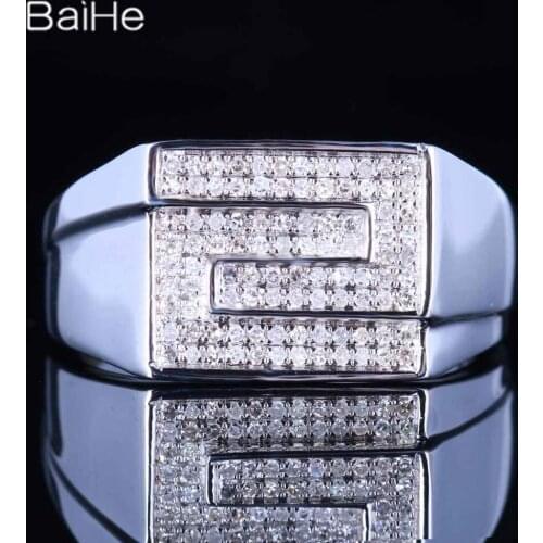 BAIHE Solid 14K White Gold 0.4CT H/SI Round Natural Diamonds Wedding Men ring Fine Jewelry Trendy Diamond Ring