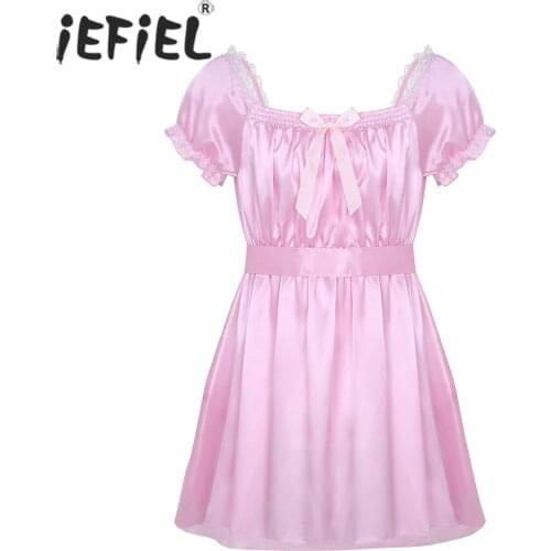 Mens Short Babydolls Square Neckline Shiny Soft Satin Crossdress Lingerie Dress for Male Sash Sissy Nightwear Underwear Dress