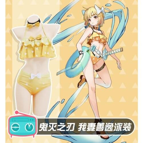 Anime Kimetsu no Yaiba cos Zenitsu Swimsuit Cosplay Female Split cute ruffled swimwear costume
