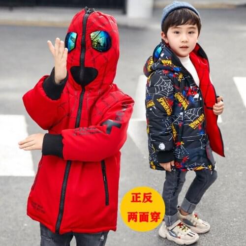 Fashion Anime Print Boy Jacket Boys Autumn And Winter Thick Warm Jacket Cartoon Parka Double-sided Hooded Jacket With Glasses