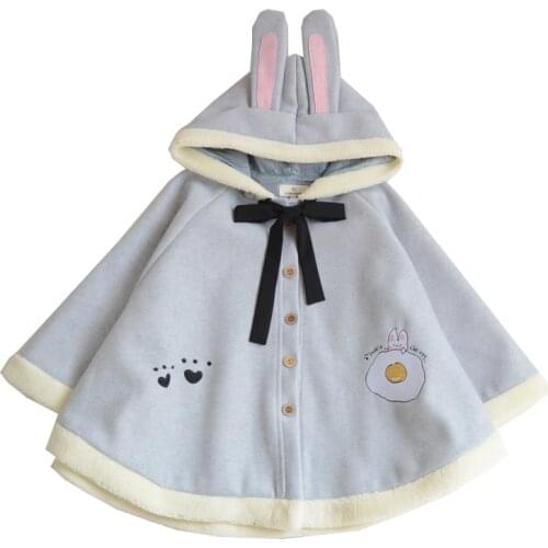 Winter Japanese Girls Cute Hoodies Lolita Cute Cartoon Rabbit Sweatshirt Female Wool Overcoat Kawaii Bunny Oversized Cloak Pink