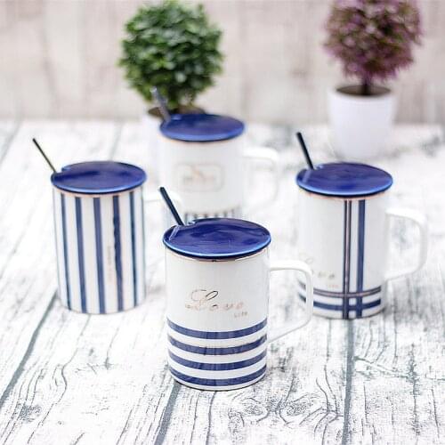 Fashionable Ceramic Milk Tea Cup European Stripe Drinking Cup Water Cup with Lid and Spoon Lovers' Glass Mugs Coffee Cups