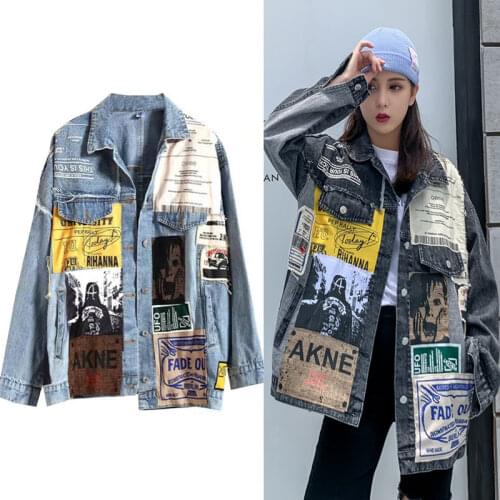 Men Womens Hip Hop Denim Jackets Fashion Hole Patch printing Denim Jackets Streetwear Oversize Coat
