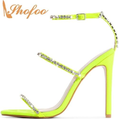 Neon Green Crystal Ankle Buckle Strap Stilettos Strappy Sandals Woman High Thin Heels Open Toe Plus Size 33 36 Fashion Mature