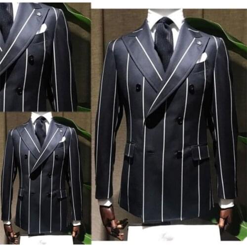 Newest Black Men Suits Groom Tuxedos Lapel Pinstripe Fit Slim Formal Men Coat Custom Made Party Long Suit Outwear