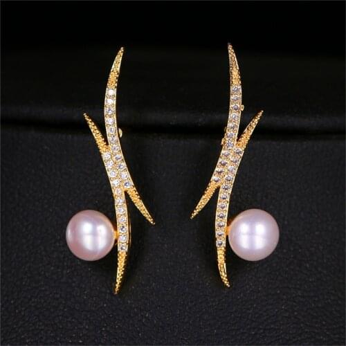 ORZTOON Luxury Gold Color Curved Metal Inlaid Zircon Stud Earrings for Women Fashion Pearl Earring Trendy Female Wedding Jewelry