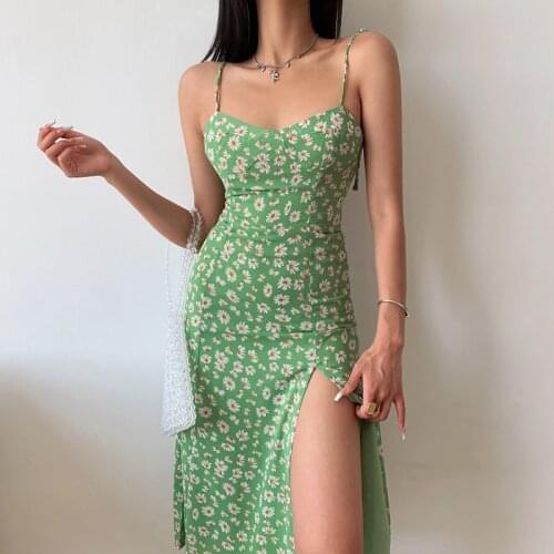 Green Sexy Split Dress Sexy 2021 summer Daisy Straps French Daisy Print Suspender cottagecore Dress Backless vestidos gothic