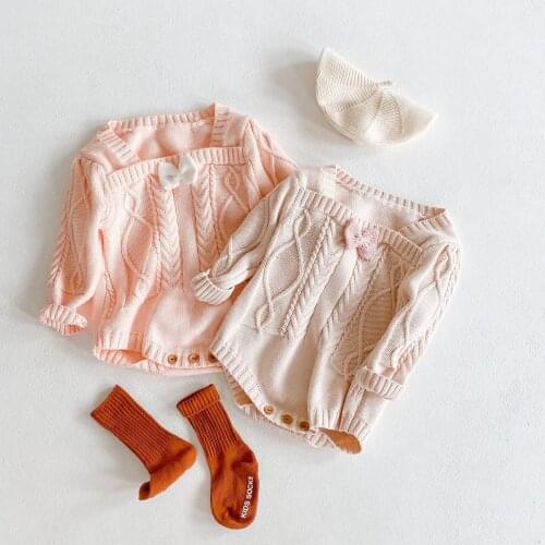 0-24M Newborn Kid Baby Girls Sweater Winter Warm Clothes Long Sleeve Knit Romper Elegant Bow Cute Sweet Jumpsuit Outfit