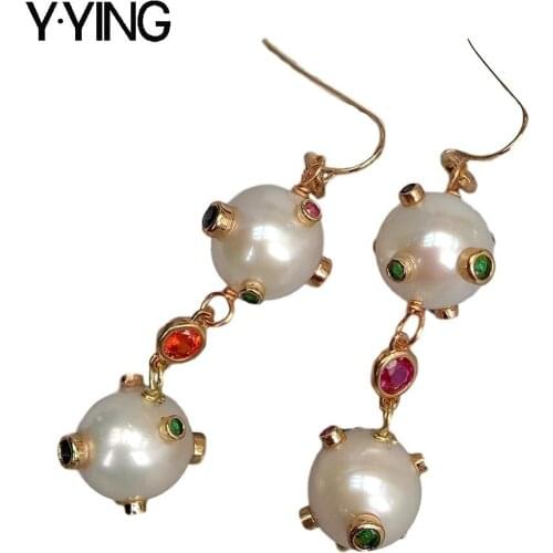 Y·YING natural Cultured White Round Pearl Multi Color Cubic Zirconia Pave Dangle Hook Earrings