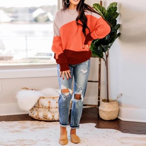 Women Casual Patchwork O neck Loose Long Lantern Sleeve Sweater Pollover Autumn And Winter 2021 New Office Laday Daliy Pollover