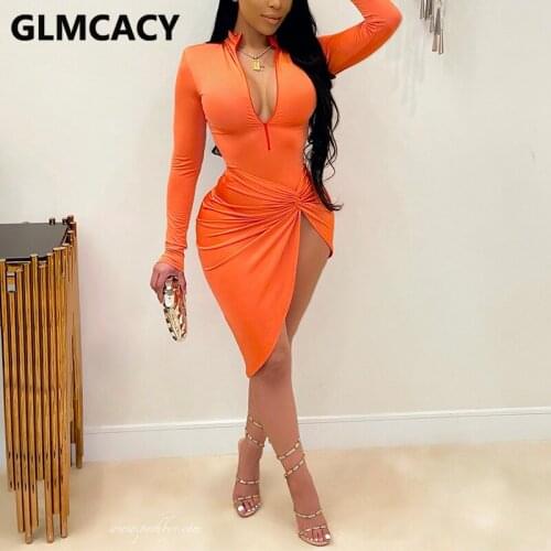 Women Long Sleeve Zipper V Neck Bodycon Party Dress Sexy Bodycon Twist Slit Club Dress