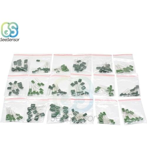 180pcs 18value*10pcs Polyester Film Capacitor Assorted Kit 100V 2A104J 2A332J 2A471J 2A472J 2A103J 2A333J 2A473J 2A563J 2A223J