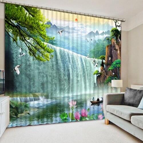 Bridge 3D Blackout Window Curtains For Kids Bedding Room Living Room Hotel 3D Curtain Waterfall scenery lotus Drapes Cortinas