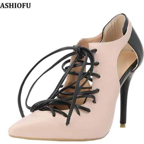 ASHIOFU Handmade New Ladies High Heel Pumps Cross Lace-up Party Prom Dress Shoes Big Size Fashion Court Shoes