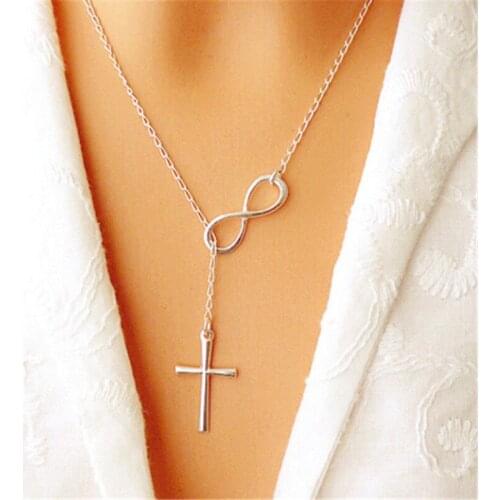 Free Shipping 2018 Hot Fashion New New Lovely Cross Lucky Eight Long Silver Color Chain Pendant Necklace For Women Jewelry Gift