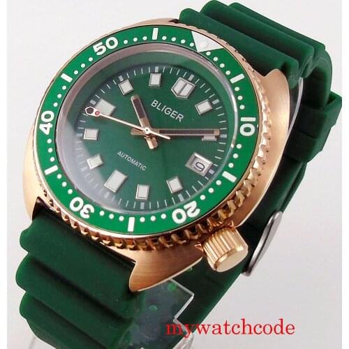 45MM Rose Gold Plated Japan NH35A Automatic Mens Watch Sapphire Glass Green Dial Unidirectional Bezel 5ATM Green Green Luminous