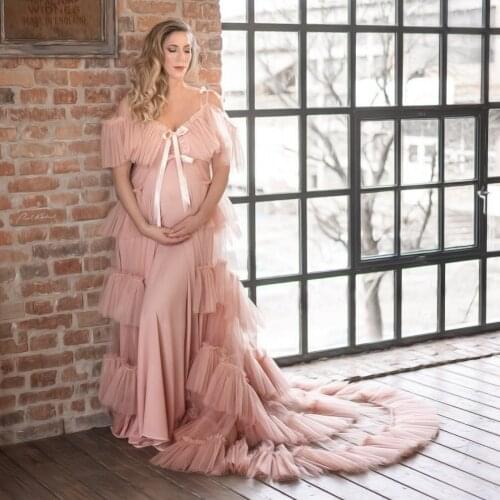 Long Tulle Maternity Dress Plus Size With Train Soft Tulle Short Sleeves Front Slit See Through Bridal Pregnancy Dressing Gown
