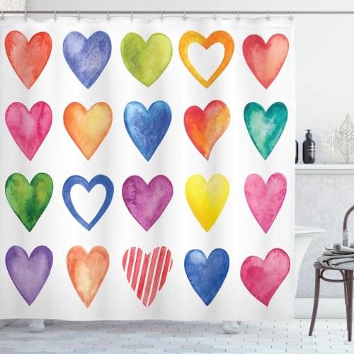 Grunge Shower Curtain Rainbow Color Heart Shapes Valentines Day Design Romantic His and Hers Theme Bathroom Decor Set with Hook