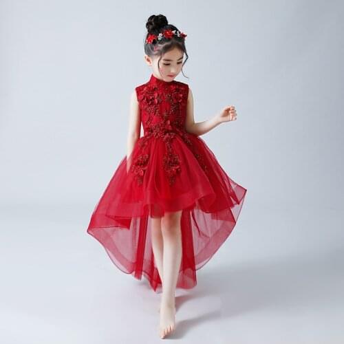 2019 Elegant Red Girl Princess Dinner Party Beauty Embroidery Dress Girl Dance Performance Party Princesss First Ball Dress