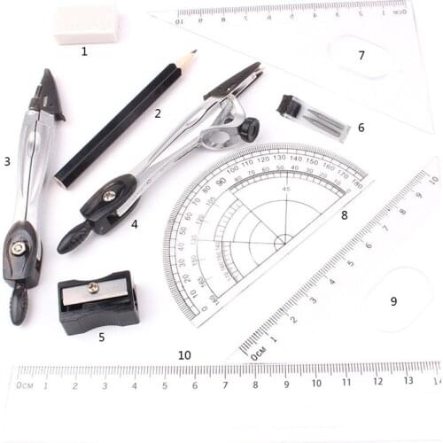 Quality Geometry Protractor Drawing School Eraser Compasses Set Plastic + Metal Stationery Math Eraser Ruler For Students