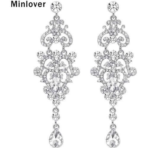 Minlover Elegant Teardrop Silver Color Crystal Long Drop Earrings for Women Bridal Jewelry Engagement Wedding Accessories EH189
