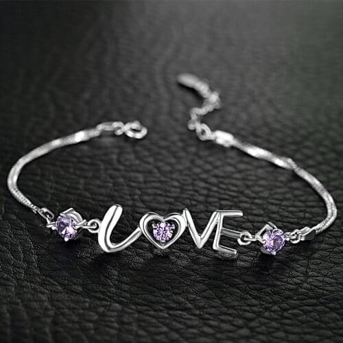 Fashion Valentines Day Gift Letter LOVE Womens Bracelets 925 Sterling Silver White Purple Zircon Box Chain Adjustable Jewelry