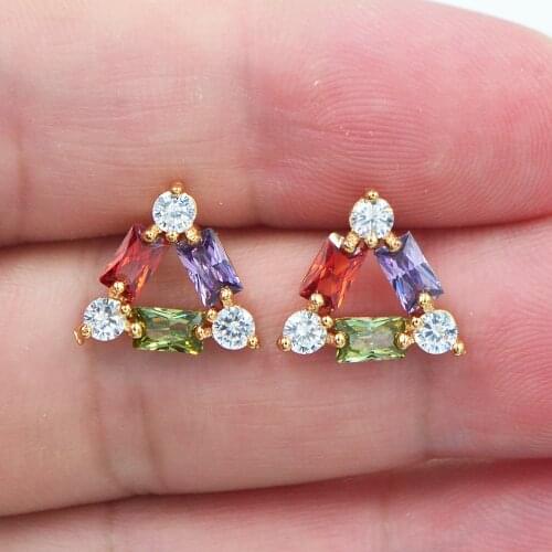 Fashion Jewelry Gold Color AAA+ Cubic Zirconia Multicolor CZ Geometric Triangle Stud Earrings For Women