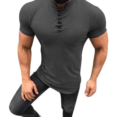 Men Slim Fit V-Neck Lace-up Short Sleeve Muscle Tee T-shirt Tops for Summer -MX8