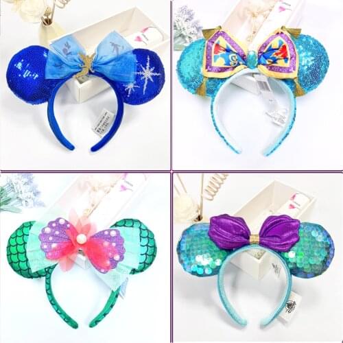 Disney Mickey Ears Headband Plush Mouse Minnie Big Sequin Bows EARS COSTUME Headband Cosplay Plush Adult Kids Headband
