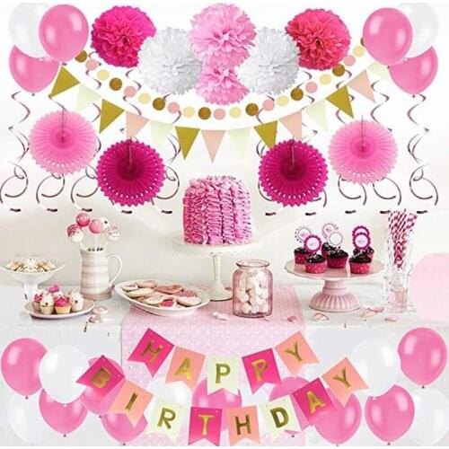 Pink ballon Pom Pom flower birthday party decoration set 43pcs dot triangel garland Paper fan Swirls party supplies