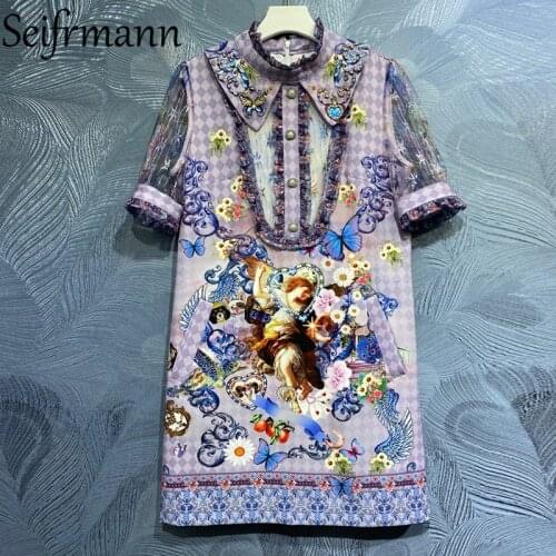 Seifrmann New 2021 Summer Women Fashion Runway Party Short Dress Lantern Sleeve Gorgeous Crystal Beading Vintage Print Dresses