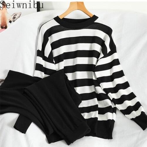 Seiwnibu V-neck Houndstooth Sweater Trousers Set Women V-neck Loose Sweater with Split Wide Leg Pants Winter 2pcs Fashion Suit