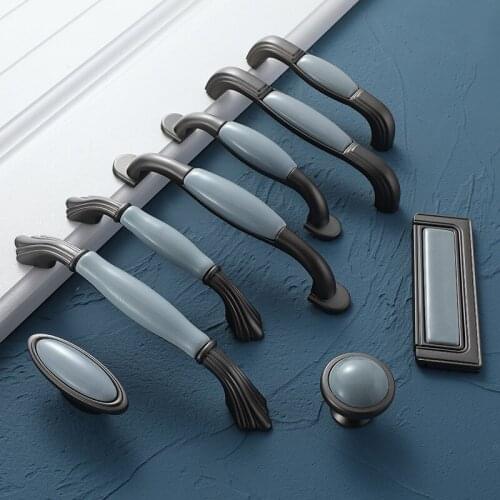 Mediterranean Blue Ceramic Cabinet Knobs and Handles Gray Wardrobe Door Pulls European Furniture Handle Cabinet Hardware