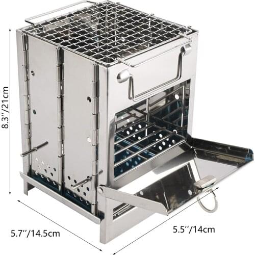 Outdoor Camping Stove Stainless Steel Cooking Equipment Portable Folding Wood Stove for Hiking Fishing BBQ with Grills