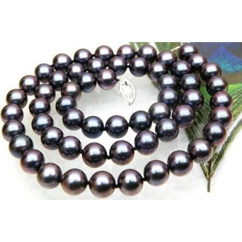 Gorgeous tahitian 9-10mm round black red pearl necklace 18inch 925 silver