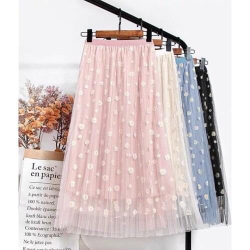 Teenage Girls Maxi Skirts Floral Print Mesh Skirts 2021 New Arrival Daisy Pattern Pleated Skirts Pink Wihte Skirts For 6-15Y